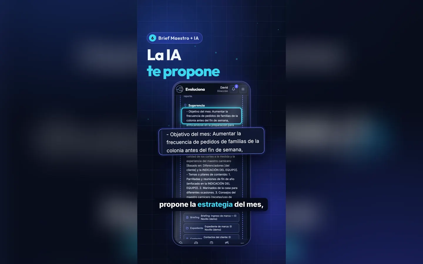 Captura de Sistema Evo en el celular: la IA propone la estrategia del mes
