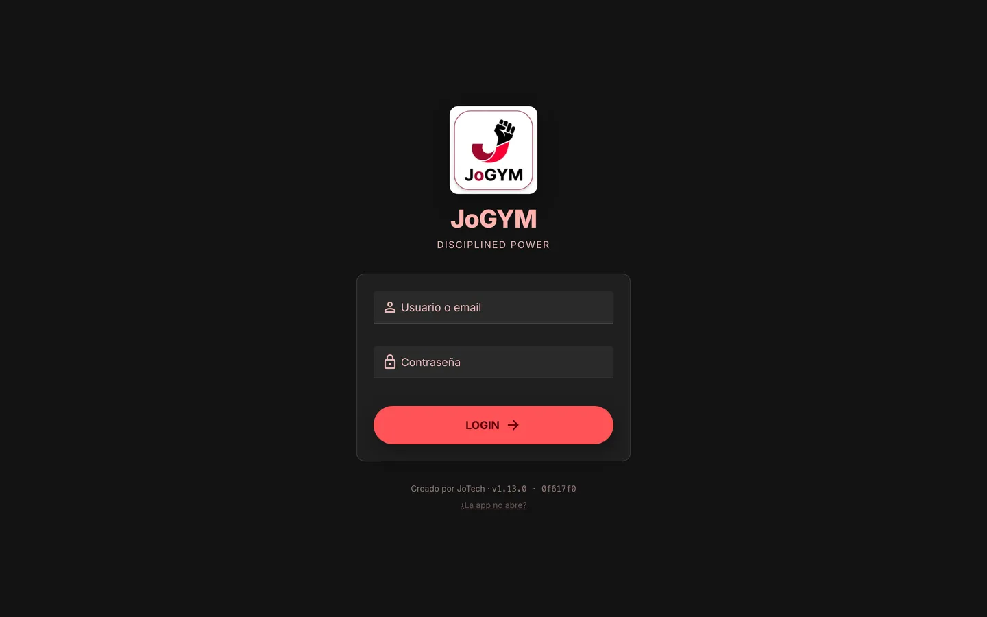 Captura de la pantalla de acceso de la app JoGym