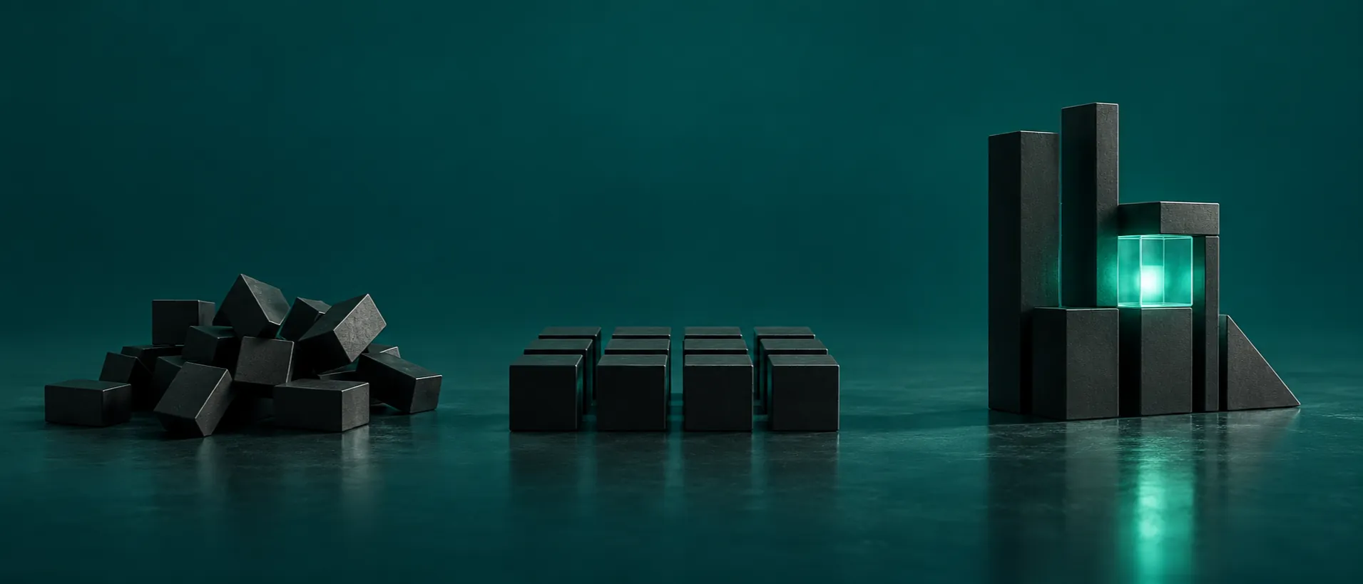 Tres momentos: bloques negros desordenados, luego alineados, luego una estructura ordenada con un cubo teal encendido