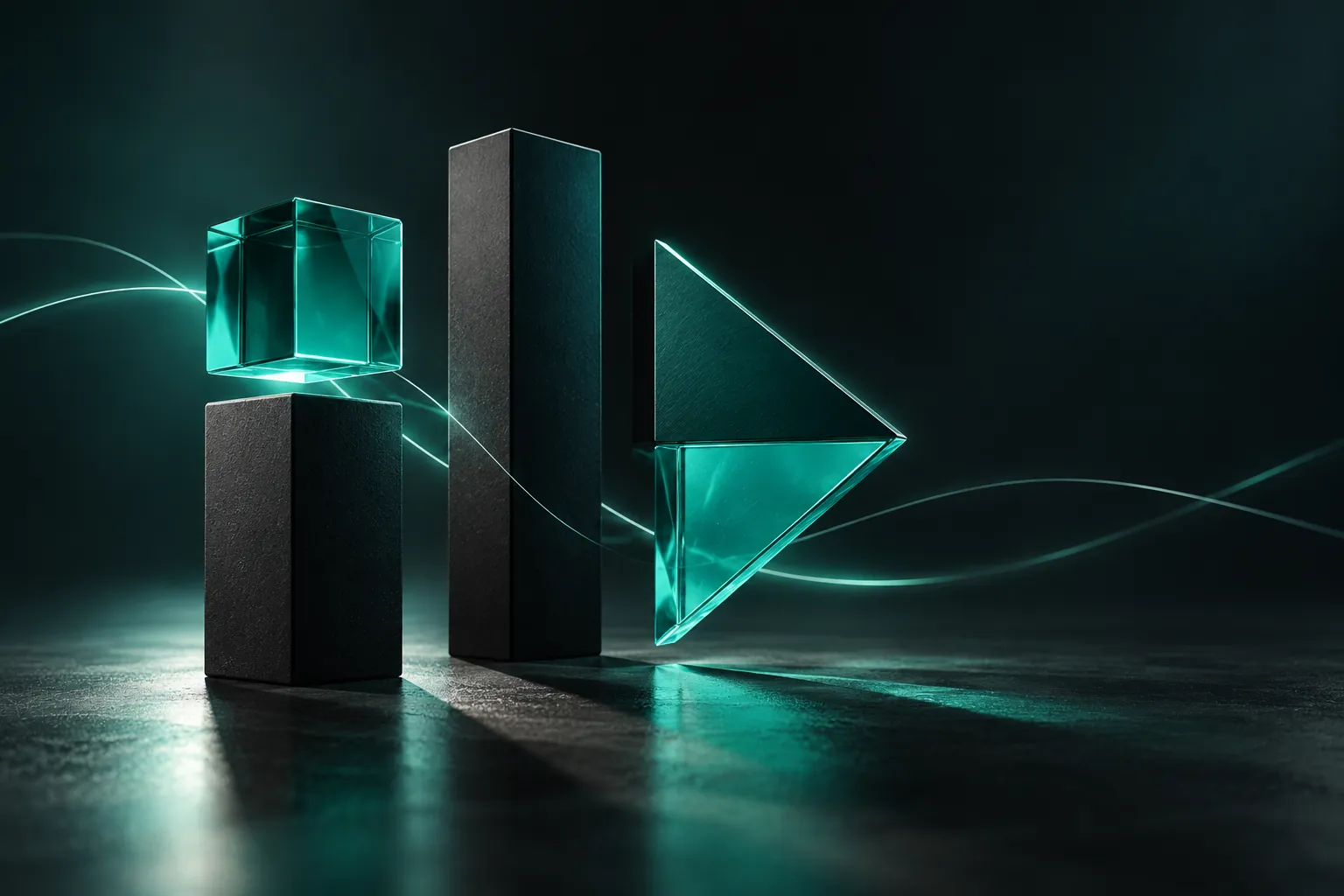 Escultura con la geometría del isotipo: cubo de vidrio teal, barras de cerámica negra y la flecha facetada, unidos por líneas de luz menta