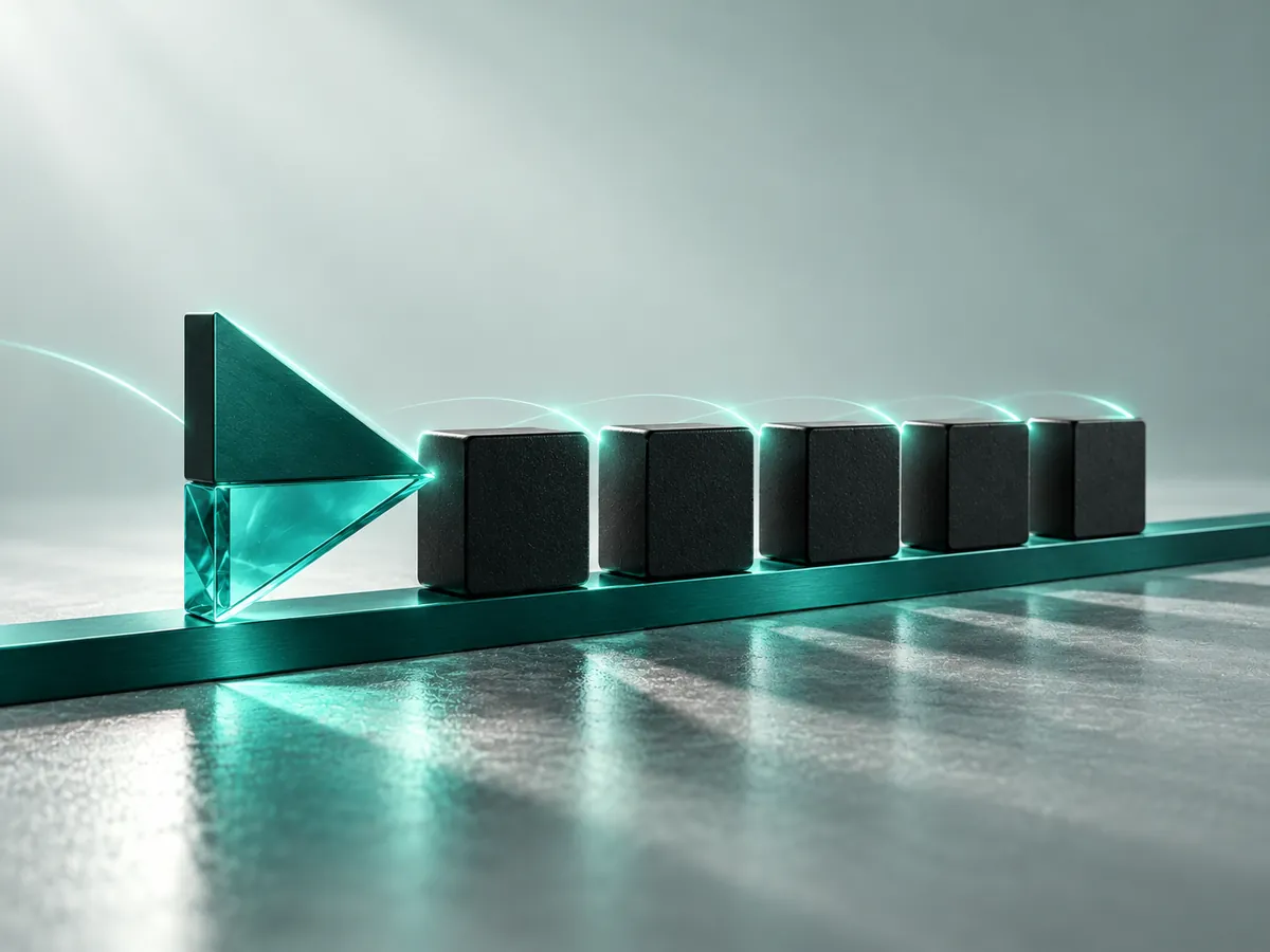 Escultura de engranes de cerámica negra y metal teal con una flecha que cierra el ciclo
