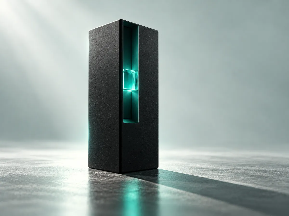 Escultura de una burbuja de conversación de vidrio teal posada sobre un servidor de cerámica negra