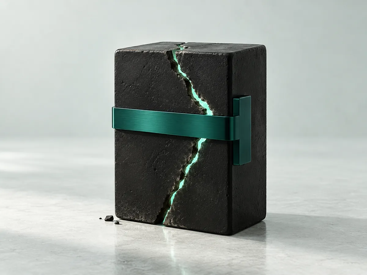 Escultura de una lupa de vidrio teal sobre un módulo de cerámica negra, junto a una llave