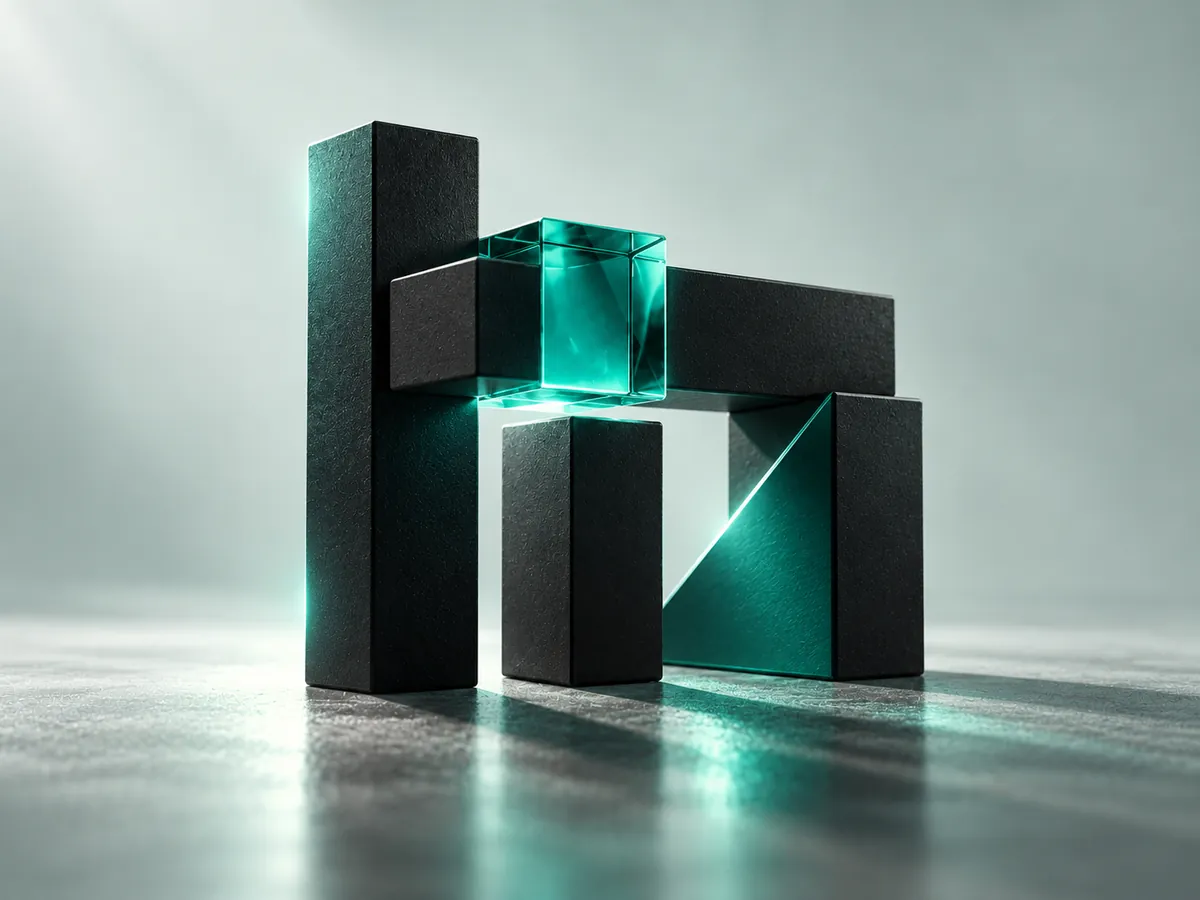Escultura de módulos de cerámica negra y vidrio teal encajados como las piezas de un sistema