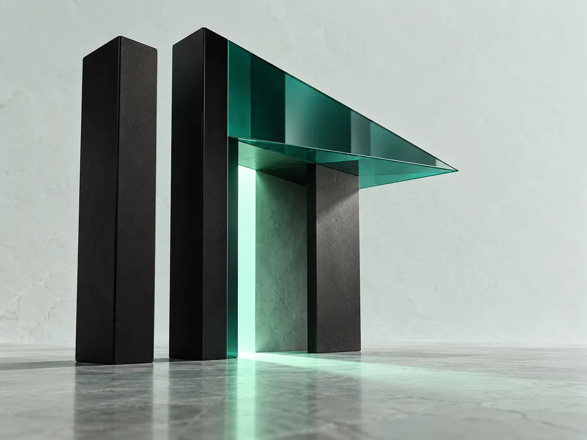 Escultura de una pequeña tienda de cerámica negra con toldo de metal teal