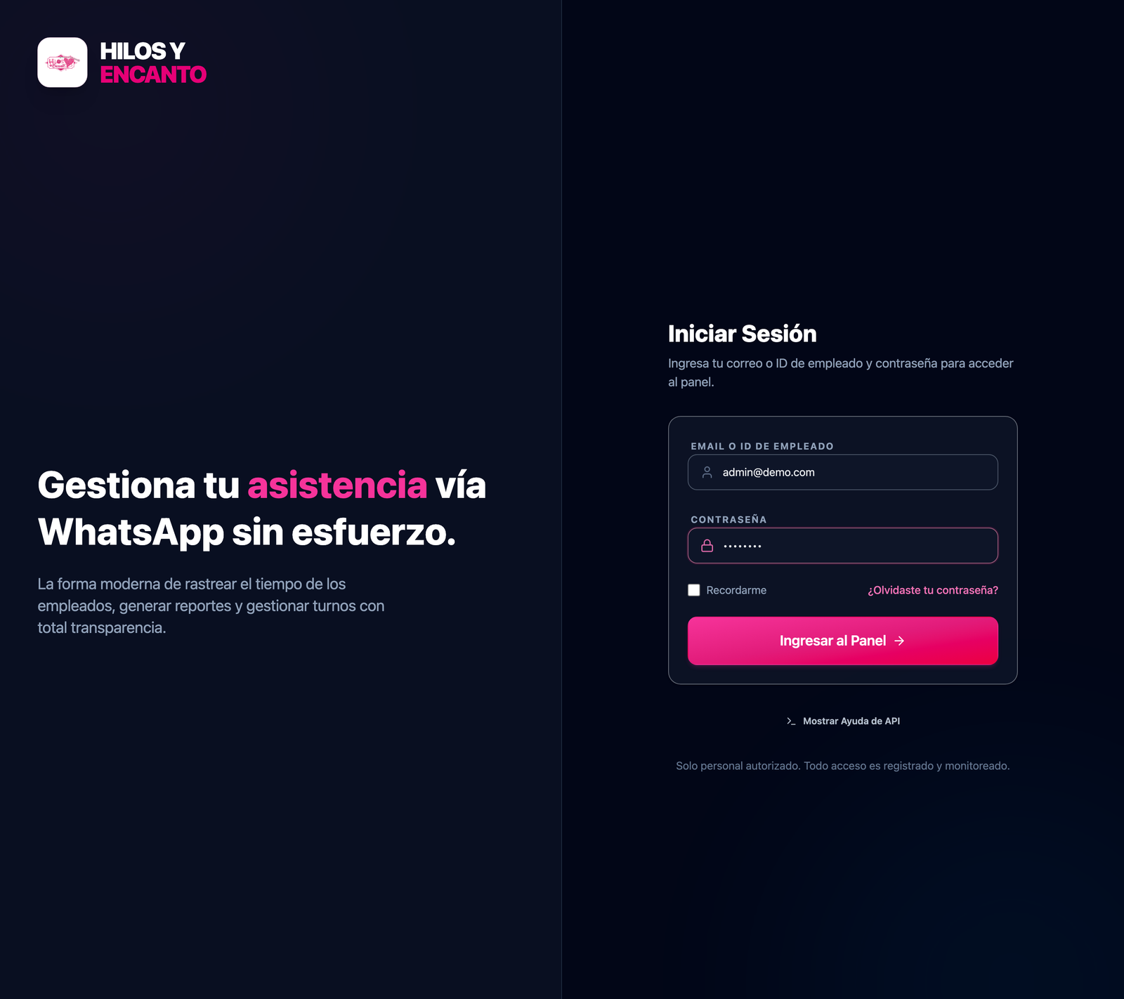 Pantalla de login del sistema de asistencia por WhatsApp