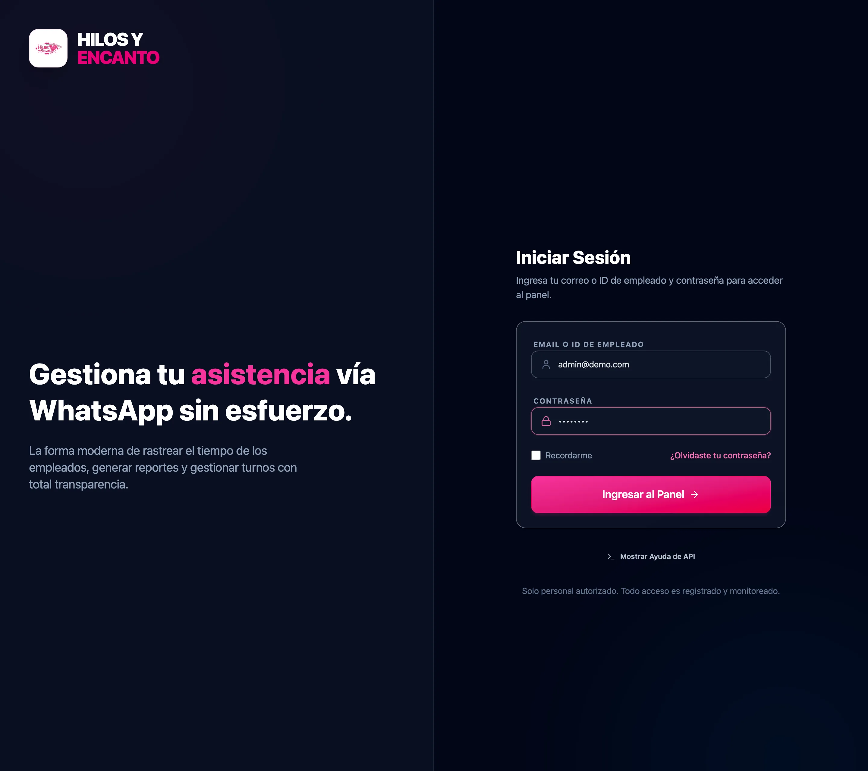 Pantalla de acceso del sistema.