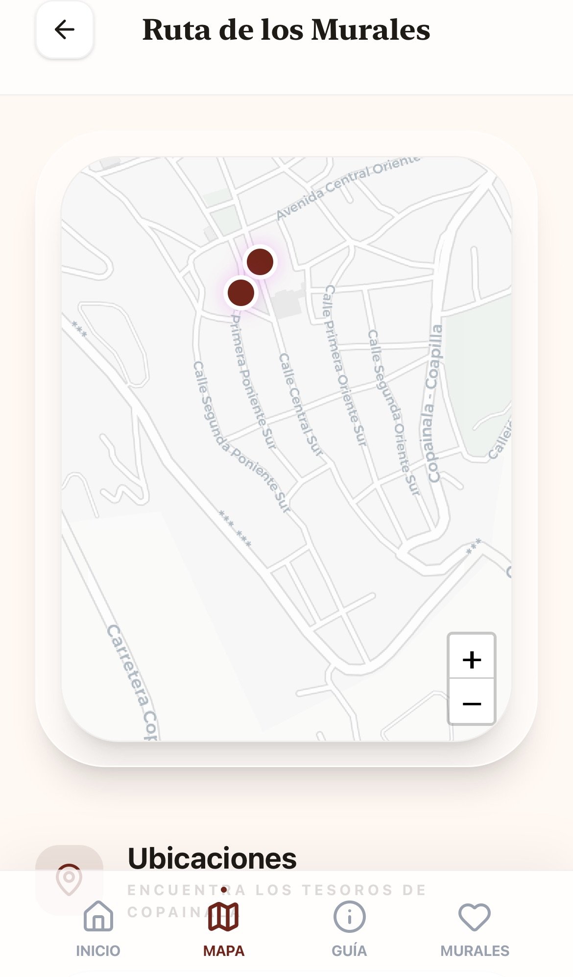 Pantalla móvil del mapa del proyecto Murales Zoques de Copainalá