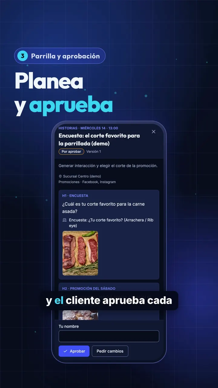 Parrilla del mes: el cliente aprueba cada pieza o pide cambios.